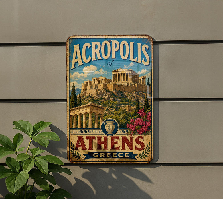 a vintage-style metal sign with the text "ACROPOLIS of ATHENS GREECE" and an illustration of the Acropolis in Athens, Greece.