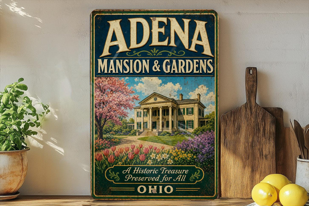 A vintage-style sign for "Adena Mansion & Gardens" in Ohio, featuring a large illustration of a historic mansion surrounded by a well-manicured garden.