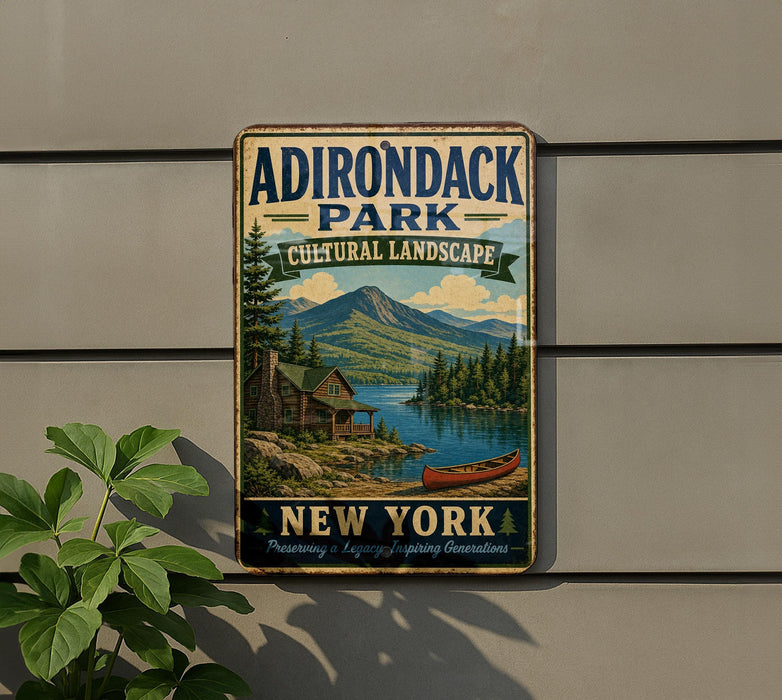 A vintage-style sign for Adirondack Park, New York, featuring a scenic landscape with a cabin, lake, and mountains.