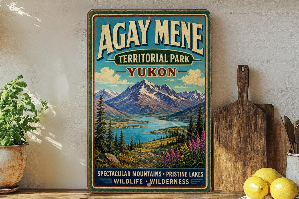 A vintage-style sign for Agay Mene Territorial Park Yukon, featuring a scenic mountain landscape with a river and pine trees.