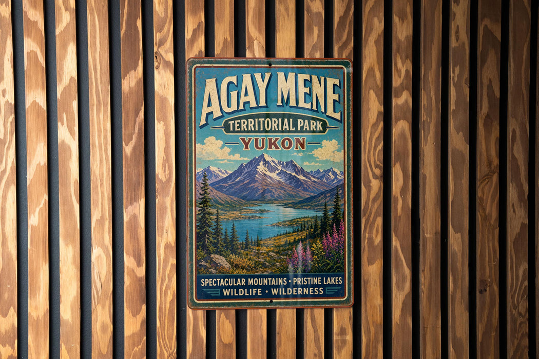 A vintage-style metal sign for Agay Mene Territorial Park in Yukon, Canada, featuring a scenic mountain landscape.