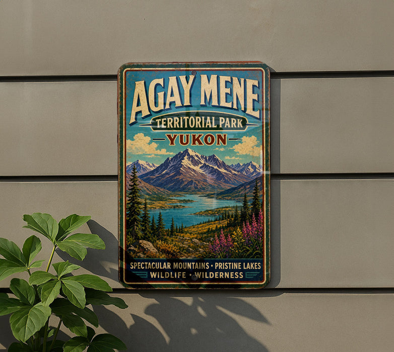 A vintage-style metal sign for Agay Mene Territorial Park in Yukon, featuring a scenic mountain landscape with a lake and pine trees.