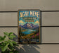 A vintage-style metal sign for Agay Mene Territorial Park in Yukon, featuring a scenic mountain landscape with a lake and pine trees.