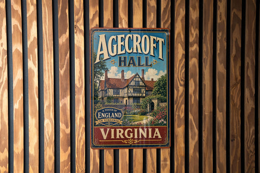 A vintage metal sign for Agedcroft Hall in Virginia, featuring a traditional Tudor-style house surrounded by a garden.