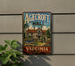A vintage metal sign for Agedcroft Hall in Virginia, featuring a detailed illustration of a traditional English manor house surrounded by lush gardens.