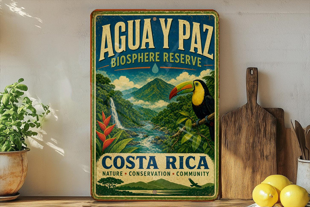 a vintage-style sign for the Agua y Paz Biosphere Reserve in Costa Rica, with a tropical landscape and a toucan bird.