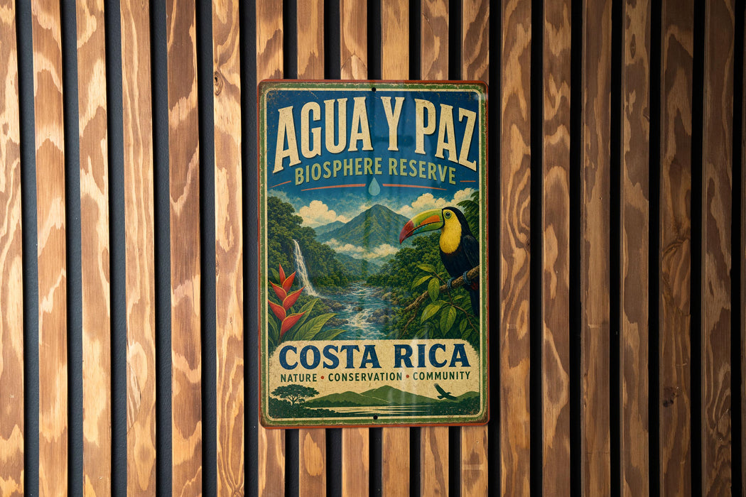a vintage-style sign for the Agua y Paz Biosphere Reserve in Costa Rica, which is a nature reserve.