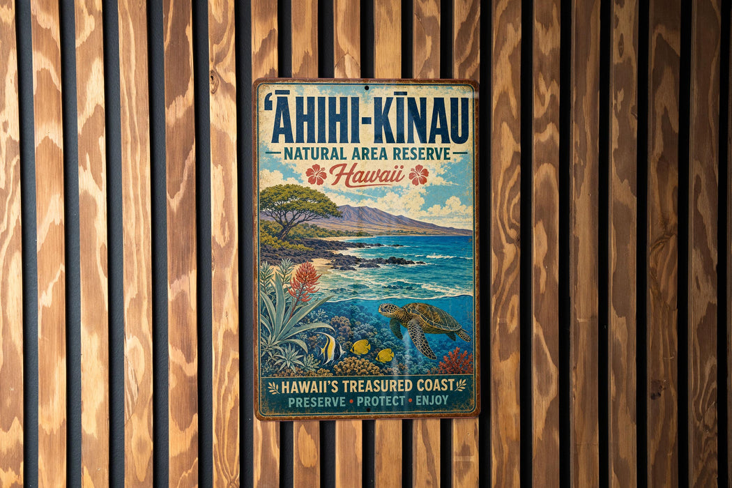 A vintage metal sign for the "AHII-KINAU Natural Area Reserve" in Hawaii, featuring a tropical landscape with a sea turtle, palm trees, and other flora.