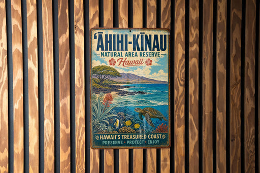 A vintage metal sign for the "AHII-KINAU Natural Area Reserve" in Hawaii, featuring a tropical landscape with a sea turtle, palm trees, and other flora.