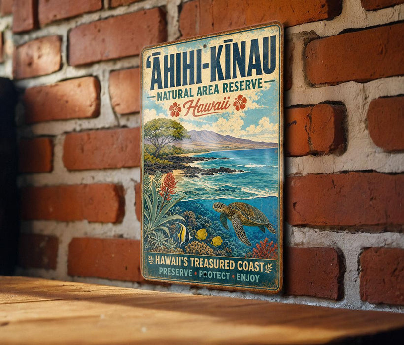 A vintage metal sign with a tropical beach scene and a sea turtle, mounted on a brick wall.