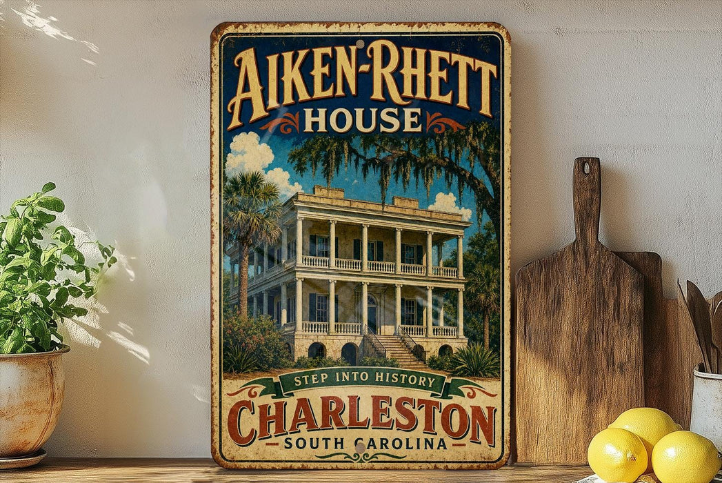 a vintage-style sign for the Aiken-Rhetts House in Charleston, South Carolina, with a tropical house illustration and the text "Step into history" and " Charleston South Carolina".