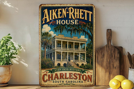 a vintage-style sign for the Aiken-Rhetts House in Charleston, South Carolina, with a tropical house illustration and the text "Step into history" and " Charleston South Carolina".
