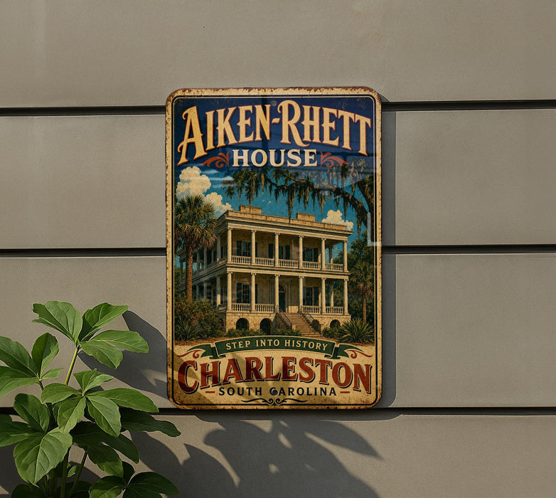 A vintage-style metal sign for the Aiken-Rhetcht House in Charleston, South Carolina, featuring a large illustration of the historic building surrounded by palm trees.