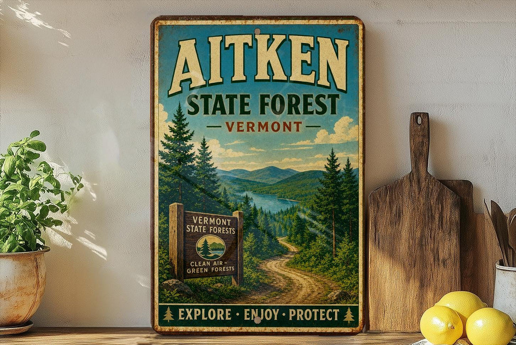 a vintage-style metal sign for Aitken State Forest in Vermont, with a scenic mountain landscape and a path leading through the forest.