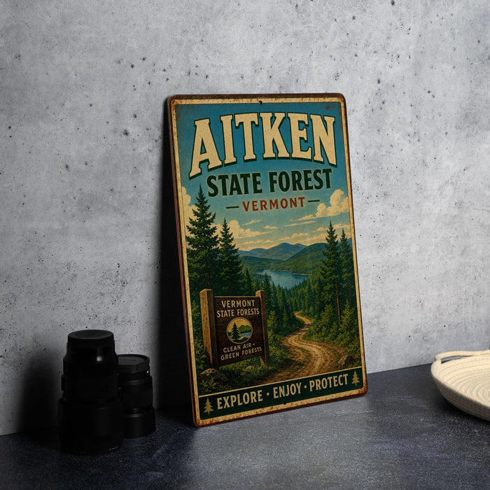 A vintage-style metal sign for Aitken State Forest in Vermont, featuring a scenic landscape with pine trees and a winding road.