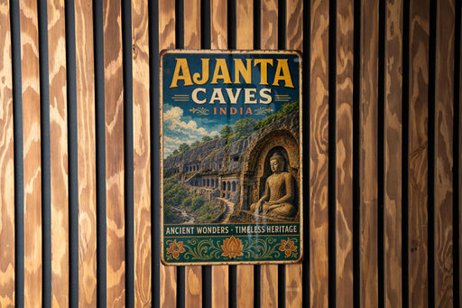 A vintage metal sign with the text "Ajanta Caves India" and an illustration of a temple or cave, mounted on a wooden wall.