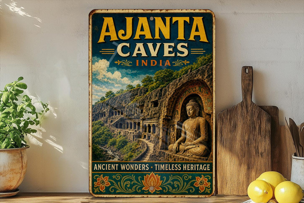 A vintage-style poster advertising Ajanta Caves in India, featuring a scenic image of the ancient rock carvings and a Buddha statue.