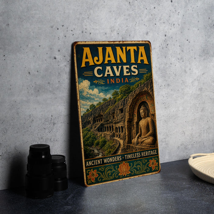 A vintage-style metal sign for Ajanta Caves in India, featuring an illustration of the ancient rock carvings and a Buddha statue.