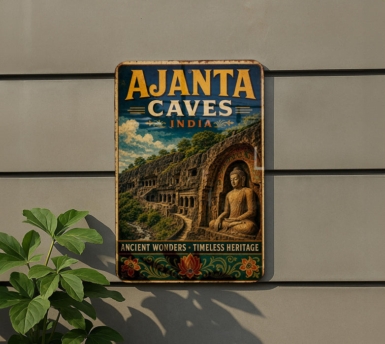 A vintage-style sign for Ajanta Caves in India, featuring an illustration of the ancient rock carvings and a large Buddha statue.