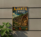 A vintage-style sign for Ajanta Caves in India, featuring an illustration of the ancient rock carvings and a large Buddha statue.
