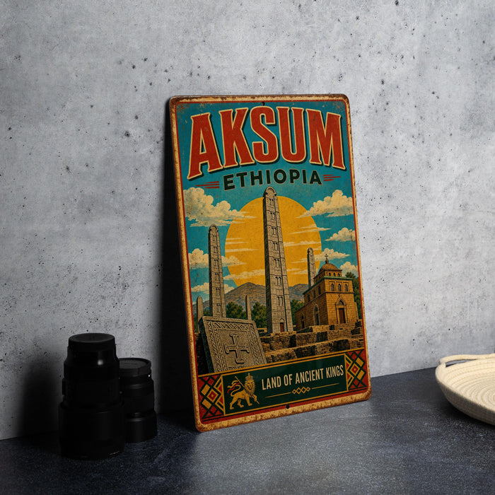 A vintage-style poster of Aksum, Ethiopia, featuring the city's landmarks and architecture, is displayed on a wall next to some black camera lenses.