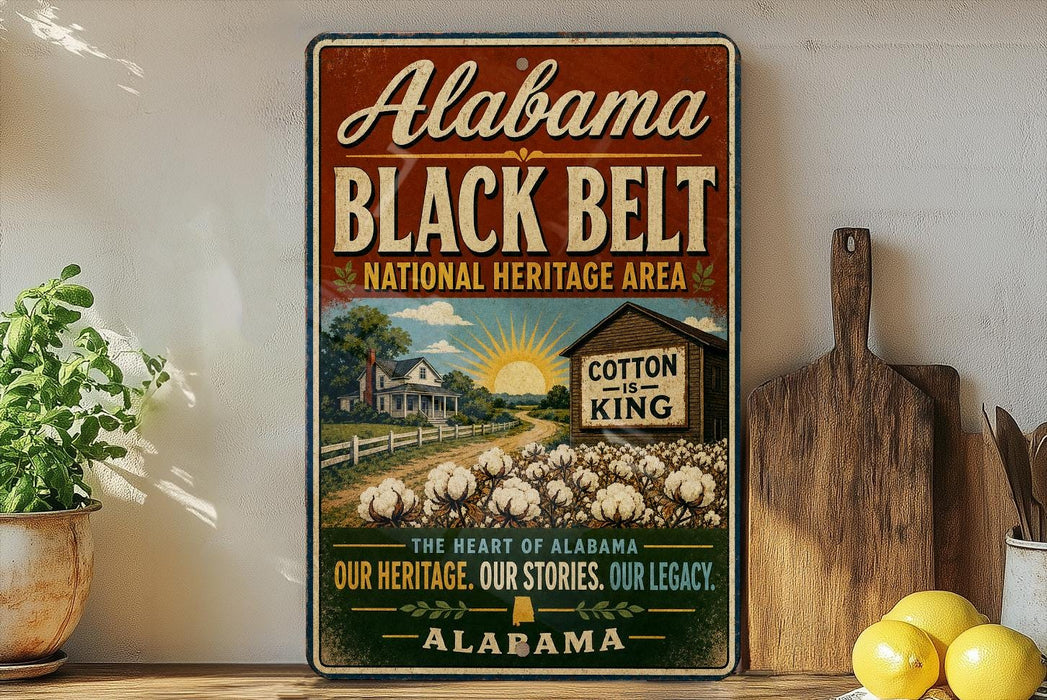 A vintage-style sign for Alabama's Black Belt National Heritage Area, featuring a rural landscape with a cotton plantation and a wooden barn.