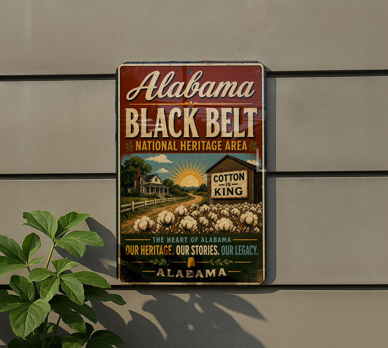 A vintage-style sign for Alabama's Black Belt National Heritage Area, featuring a farm scene with cotton fields and a cotton mill.
