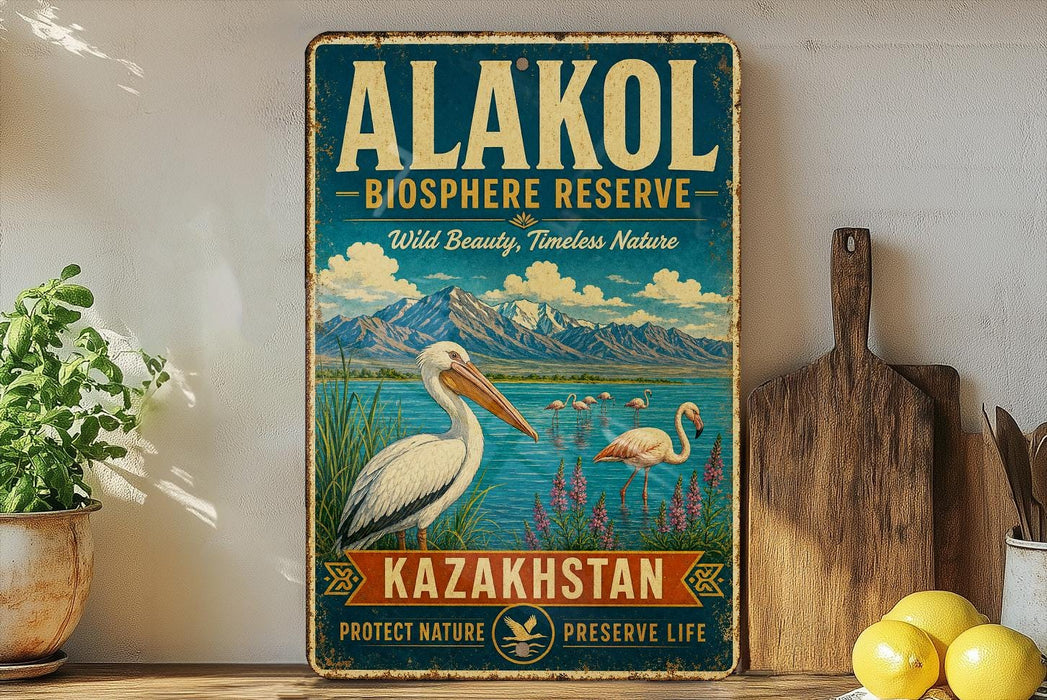 A vintage-style metal sign advertising the Alakol Biosphere Reserve in Kazakhstan, featuring a scenic illustration of a pelican and a lake surrounded by mountains.