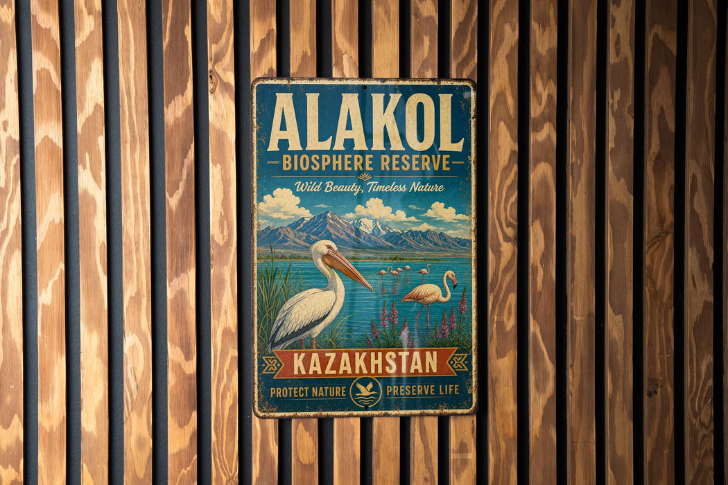 A vintage metal sign with a bird illustration and text, mounted on a wooden wall.