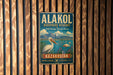 A vintage metal sign with a bird illustration and text, mounted on a wooden wall.