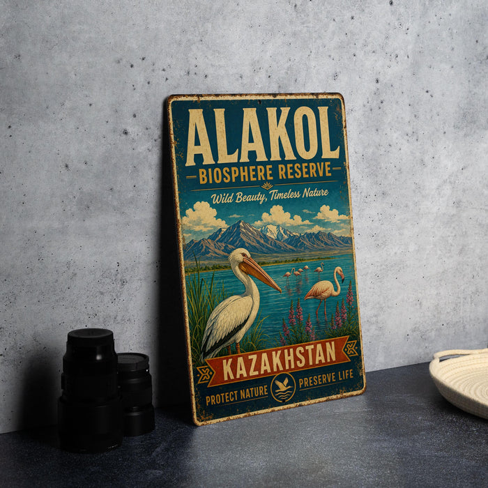 A vintage-style sign for the Alakol Biosphere Reserve in Kazakhstan, featuring a scenic illustration of a pelican and mountains.
