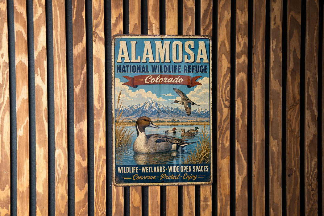 A vintage-style metal sign for the Alamo National Wildlife Refuge in Colorado, featuring an illustration of ducks swimming in a lake.