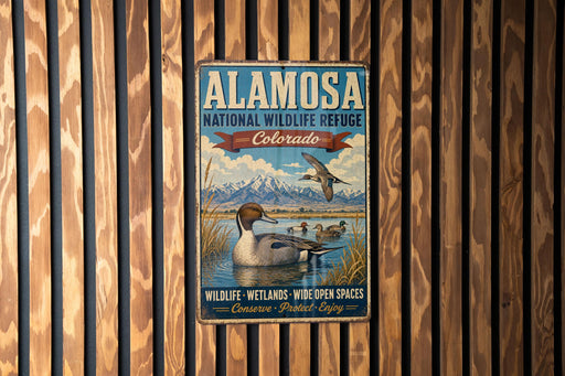 A vintage-style metal sign for the Alamo National Wildlife Refuge in Colorado, featuring an illustration of ducks swimming in a lake.