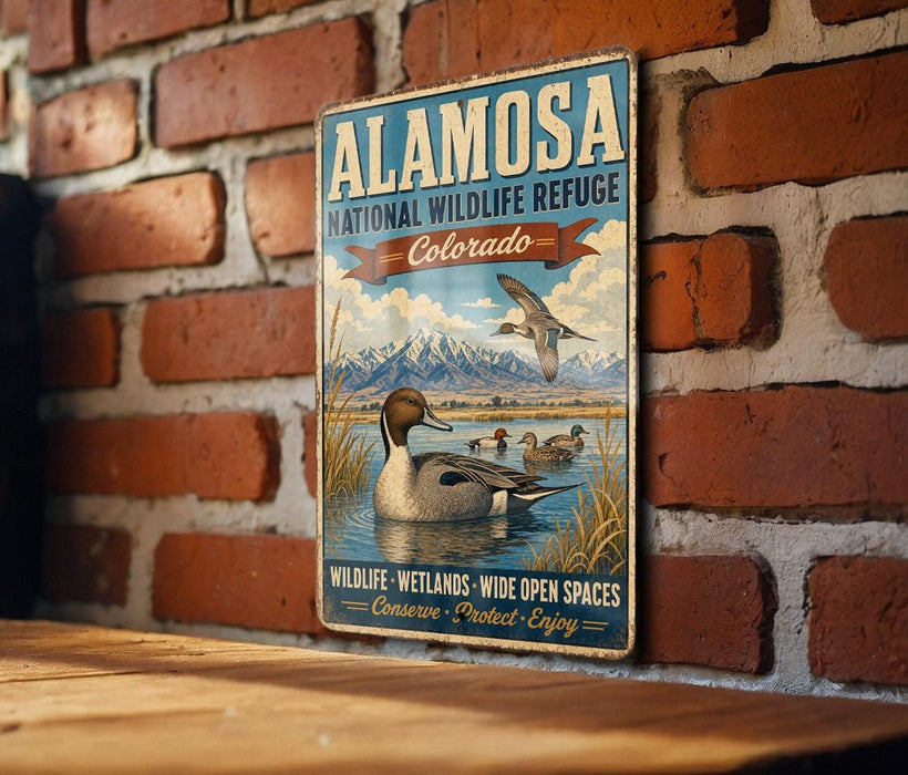 A vintage-style metal sign for the Almosa National Wildlife Refuge in Colorado, featuring a duck and a mountain landscape.