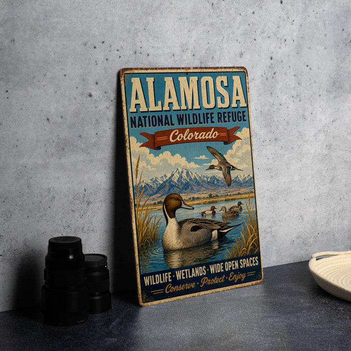A vintage-style sign for the Alamo National Wildlife Refuge in Colorado, featuring an illustration of ducks swimming in a lake surrounded by mountains.