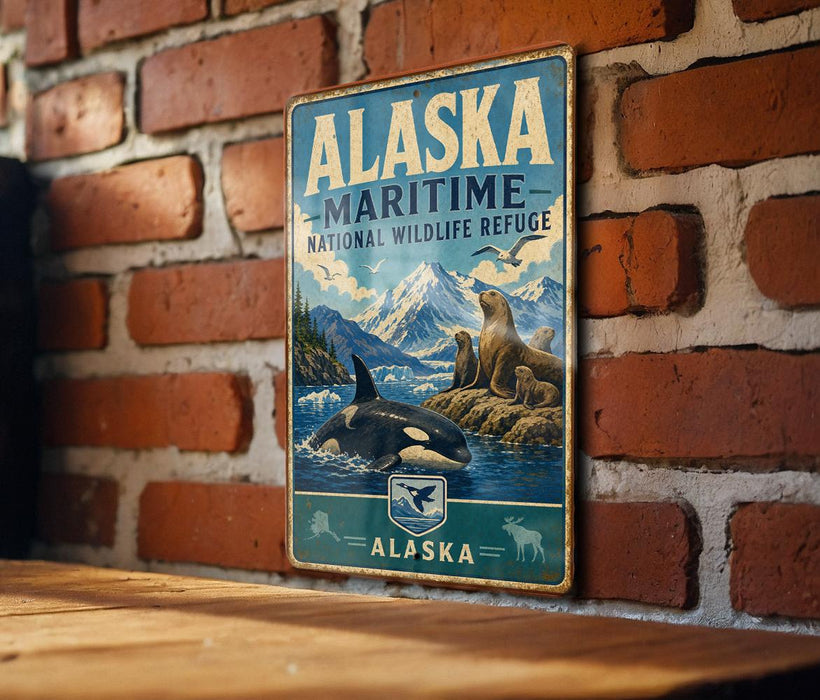A vintage metal sign for the Alaska Maritime National Wildlife Refuge, featuring an illustration of a seal, a whale, and mountains.