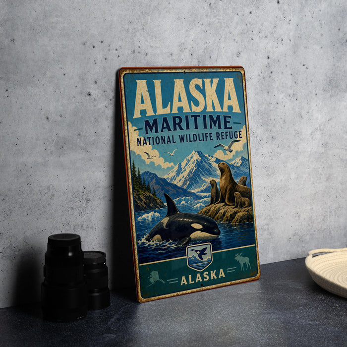 A vintage-style sign for the Alaska Maritime National Wildlife Refuge, featuring an illustration of a whale, mountains, and other wildlife.