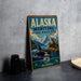 A vintage-style sign for the Alaska Maritime National Wildlife Refuge, featuring an illustration of a whale, mountains, and other wildlife.