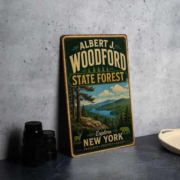 A vintage-style metal sign for the State Forest in New York, featuring a scenic landscape with pine trees, a lake, and mountains.