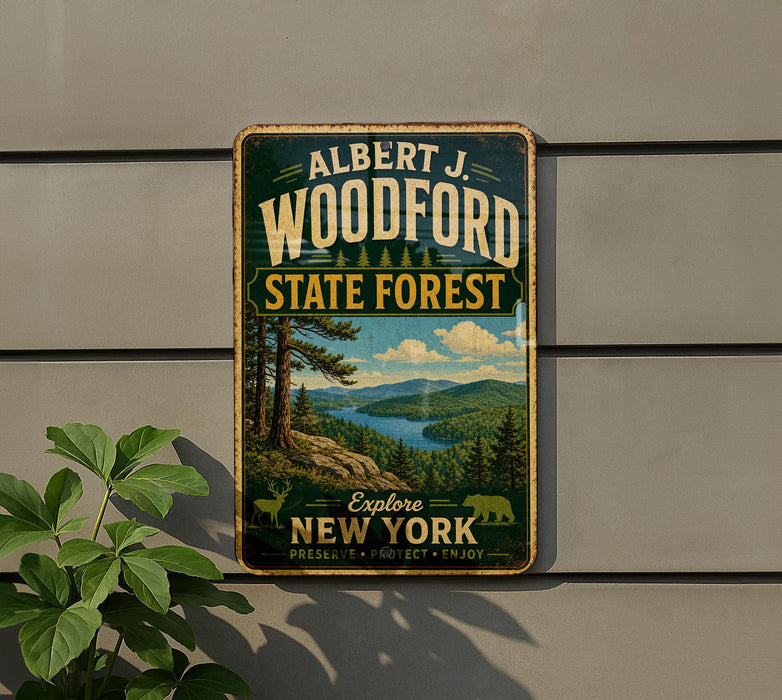 A vintage-style metal sign for the State Forest in New York, featuring a scenic landscape with pine trees, mountains, and a lake.