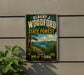 A vintage-style metal sign for the State Forest in New York, featuring a scenic landscape with pine trees, mountains, and a lake.
