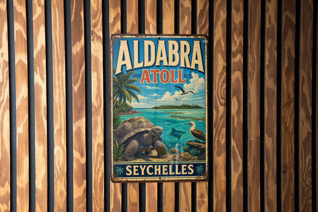 A vintage metal sign with the text "ALDABRA ATOLL SEYCHELLES" is displayed on a wooden wall.