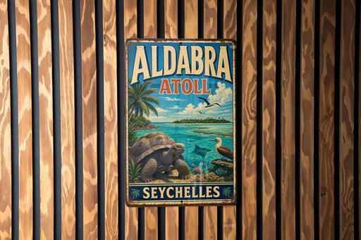 A vintage metal sign with the text "ALDABRA ATOLL SEYCHELLES" is displayed on a wooden wall.