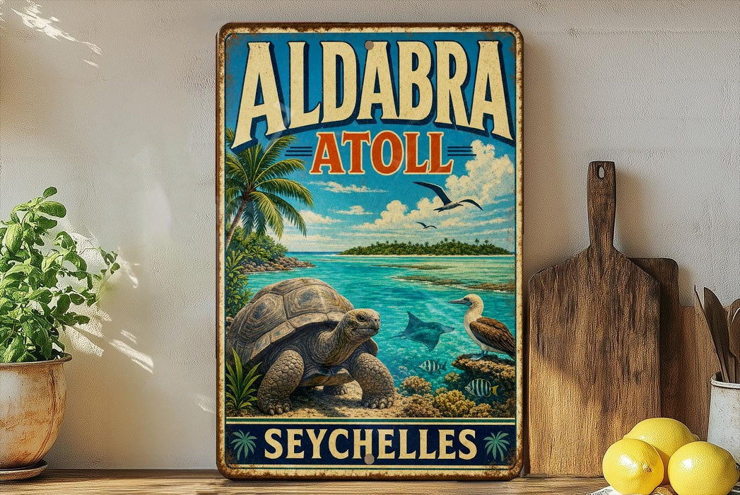 A vintage-style poster of Aldabra, Seychelles, featuring a large tortoise, palm trees, and a seascape with a bird and fish.
