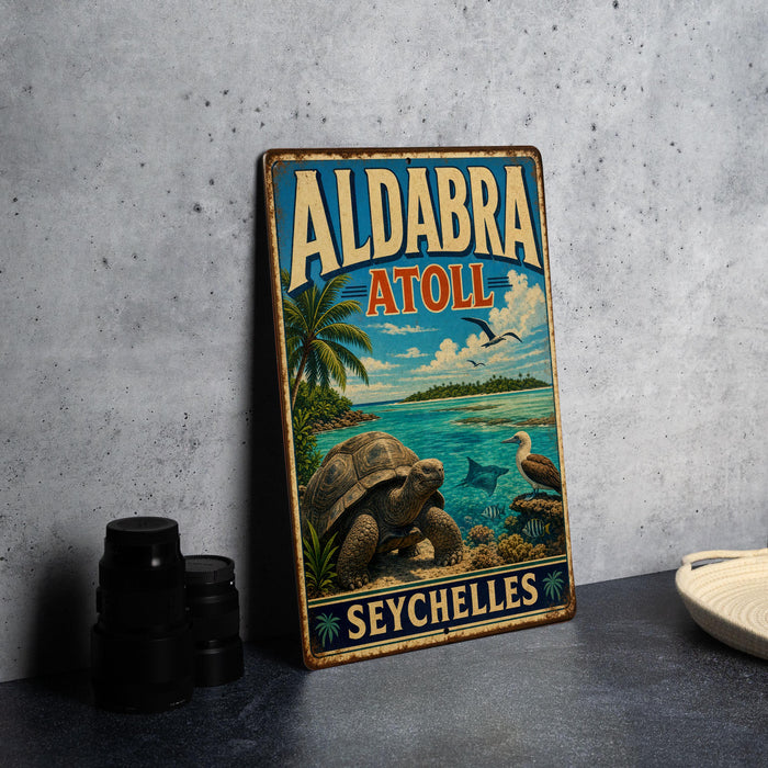 A vintage-style metal sign for Aldabra, Seychelles, featuring a turtle and a seagull on a beach scene.
