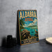 A vintage-style metal sign for Aldabra, Seychelles, featuring a turtle and a seagull on a beach scene.