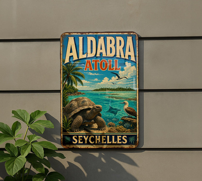 A vintage metal sign with a tropical beach scene, featuring a large turtle, palm trees, and a bird, mounted on a wall.