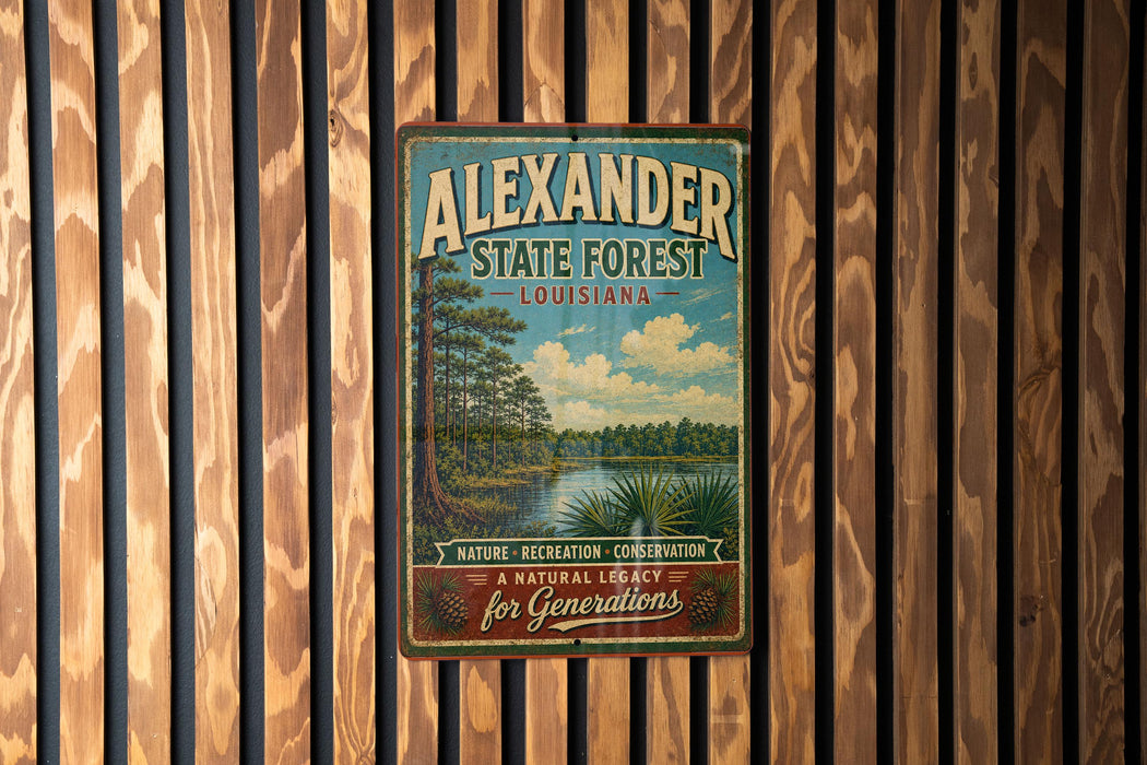 A vintage-style metal sign for Alexander State Forest in Louisiana, featuring a scenic landscape with a river and pine trees.
