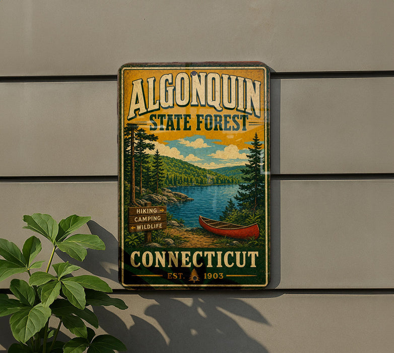 A vintage-style metal sign for Algonquin State Forest in Connecticut, featuring a scenic landscape with a lake, pine trees, and a red canoe.