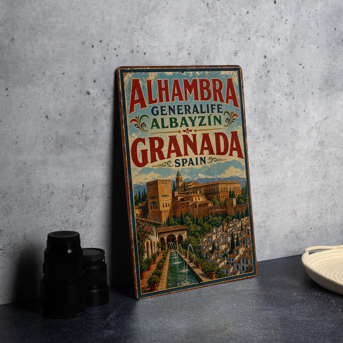 A vintage-style poster of Alhambra, the historic palace and fortress complex in Granada, Spain, is displayed on a wall.